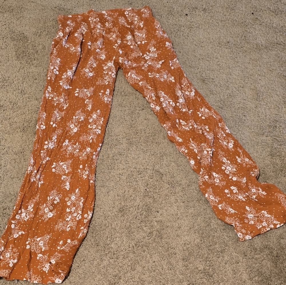 Three Dots Lou & Gray Burnt Orange Floral Wide-Leg Pants | Size S